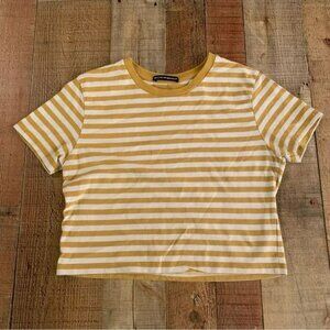 Brandy Melville womens mustard yellow and white striped short sleeve cropped top